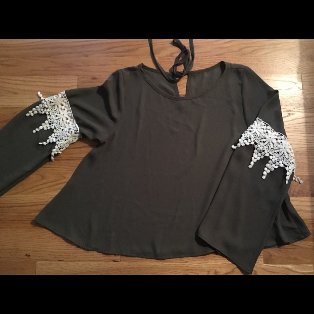 Olive Green Blouse with Bell Sleeves & Lace